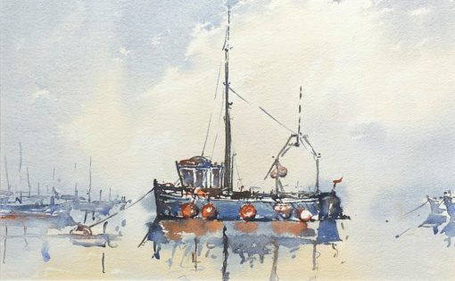 watercolour painting of a moored fishing boat
